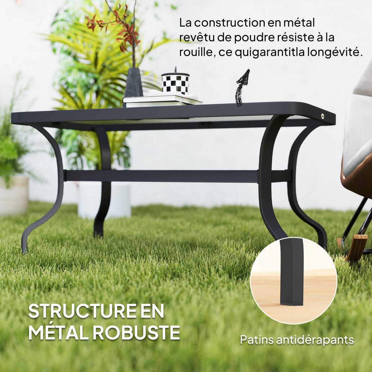 GARTENBEISTELLTISCH DE-14125 rechteckig 95x55 cm mit gewellter Glasplatte Schwarz - Schwarz, Metall (95/55/46cm) - ComfortXL