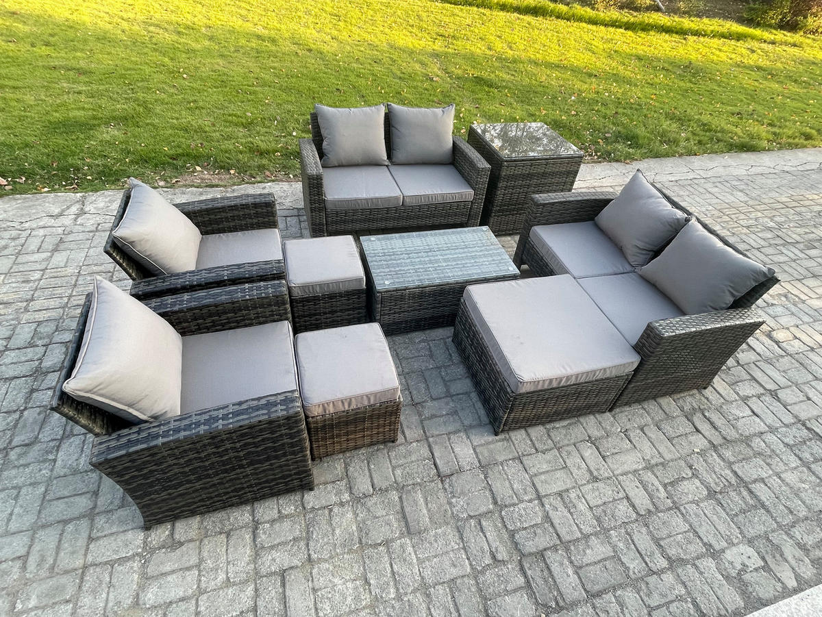 GARTENSOFA Hohe Rückenlehne Polyrattan Dunkelgrau 9-Sitzer - Dunkelgrau, Metall - Fimous