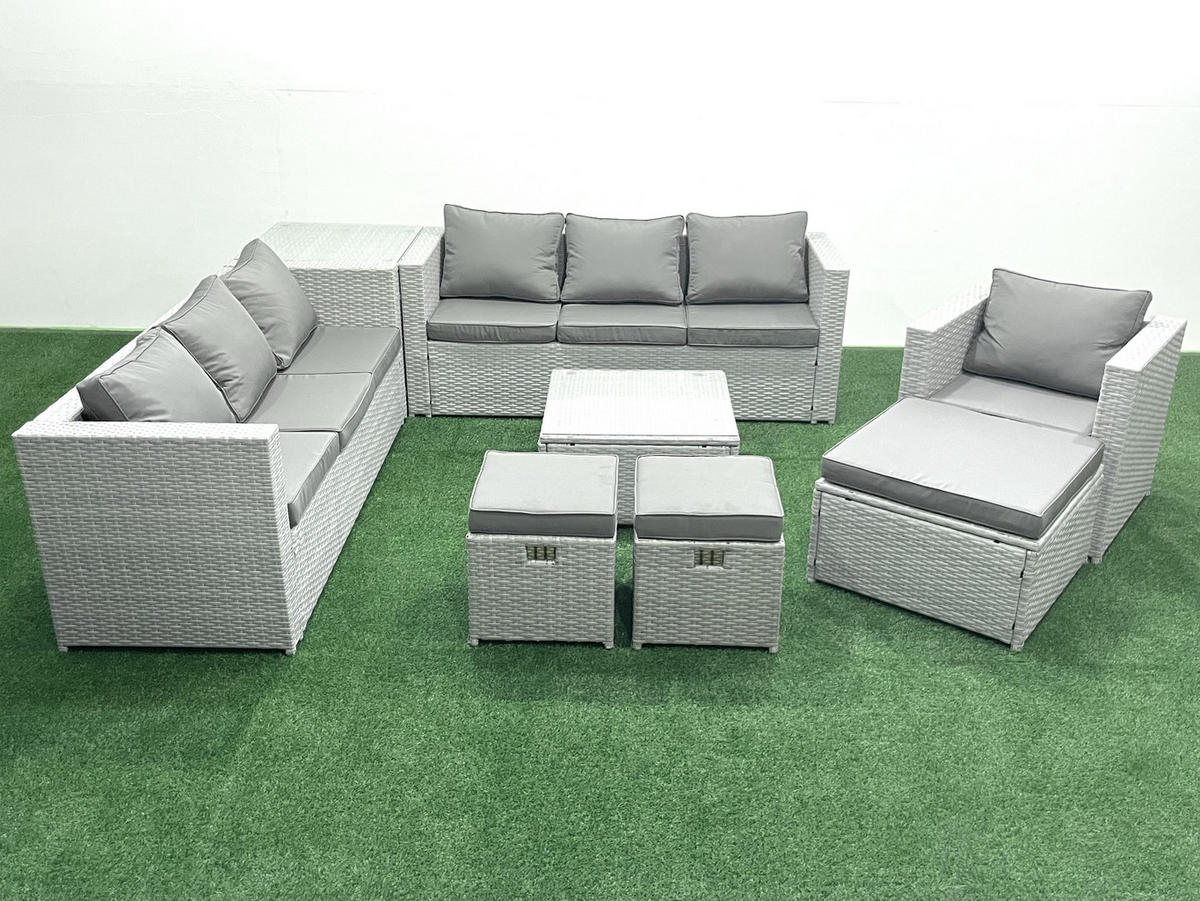 GARTENMÖBEL-SET mit Kissen Polyrattan Hellgrau-Mix 10-Sitzer - Hellgrau/Grau, Glas/Kunststoff - Fimous