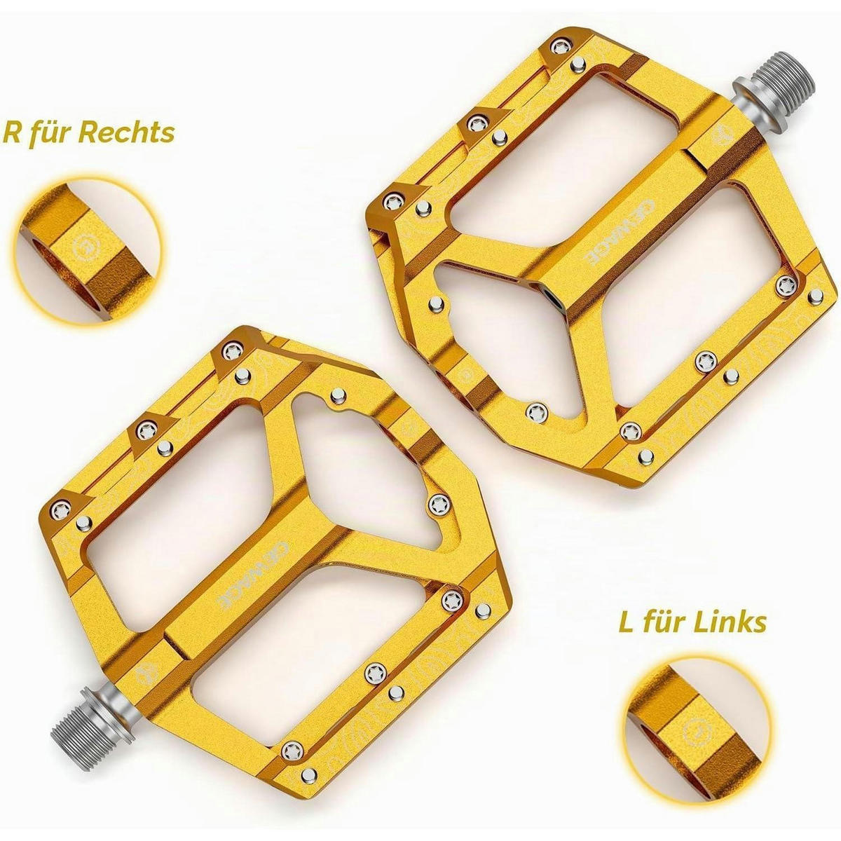 FAHRRADPEDALE Set – Flat Pedale für Mountainbike & Gravel Bike, Aluminiumlegierung, rutschfest, Gold - Goldfarben, Metall (10/2/12cm)