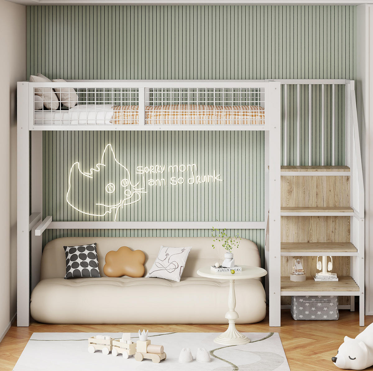 HOCHBETT 90/200 cm Weiß aus Metall und MDF mit Leiter und Kleiderschrank - Weiß, Metall (90/200cm) - OKMYHOME