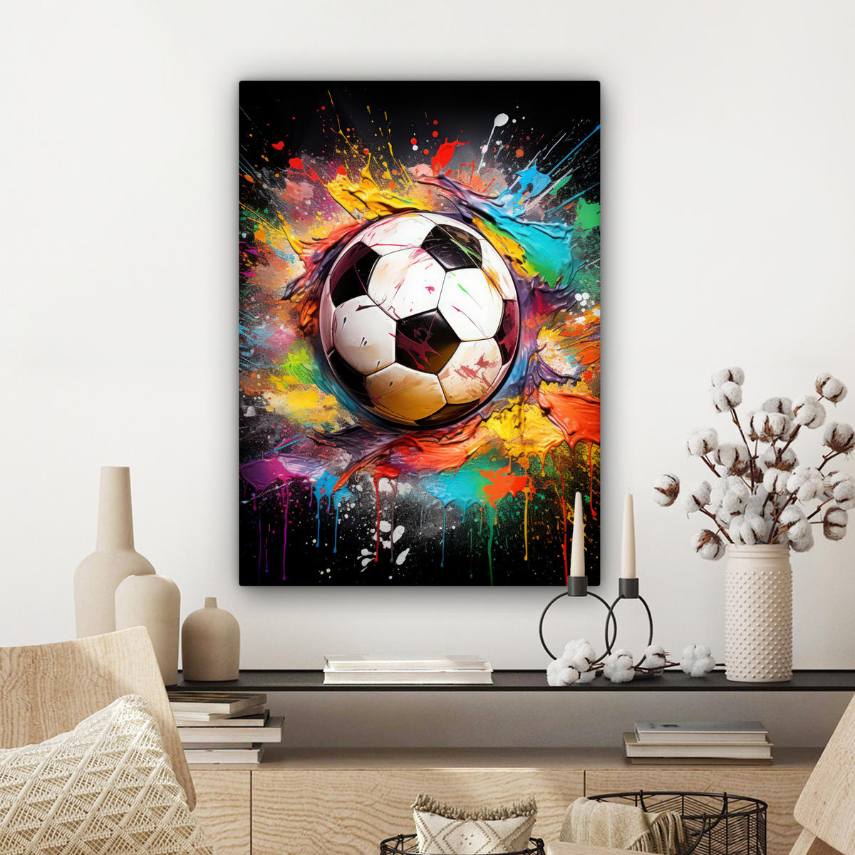 LEINWANDBILD Fußball - Farbe - Farben - Schwarz - Weiß Wandbild Wohnzimmer 60x80 cm - Weiß, Textil (60/80cm) - MuchoWow