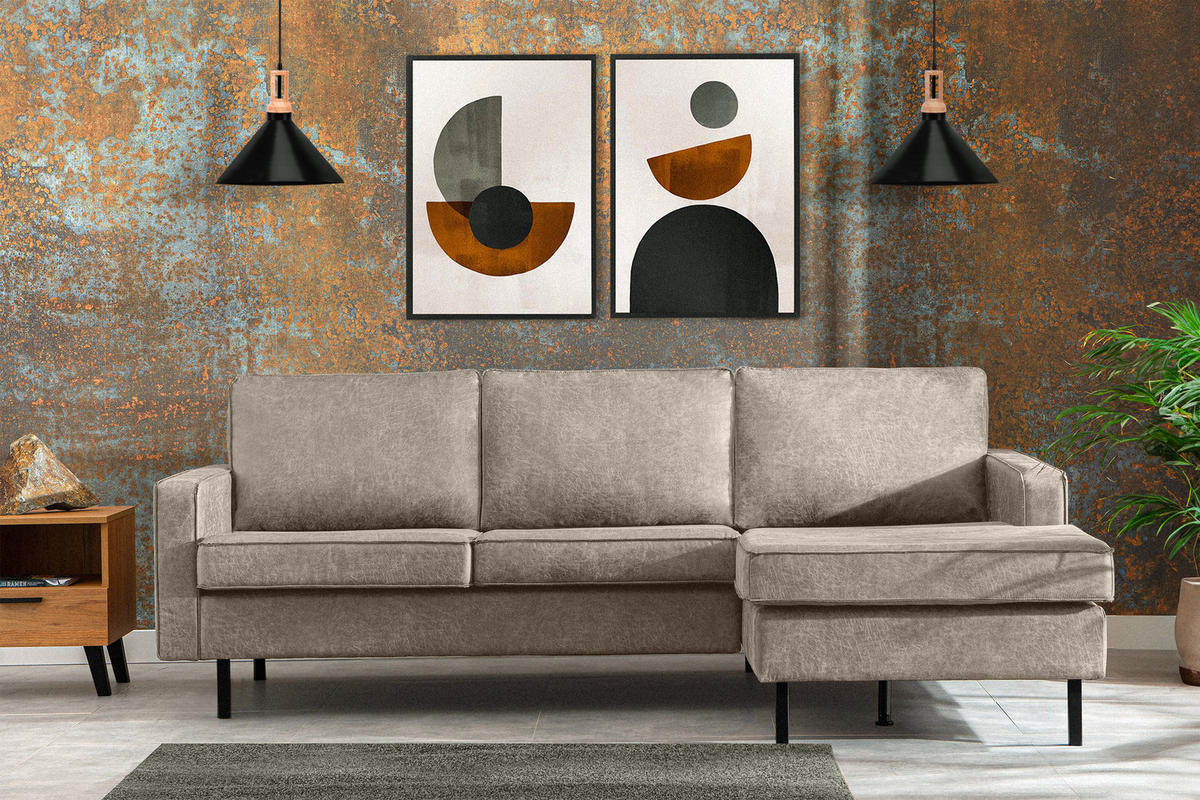 ECKSOFA-RECHTS INVIA mit Armlehnen vintage, Lederoptik-Stoff, hellgrau - Hellgrau/Schwarz, Textil (234/160cm) - KONSIMO®