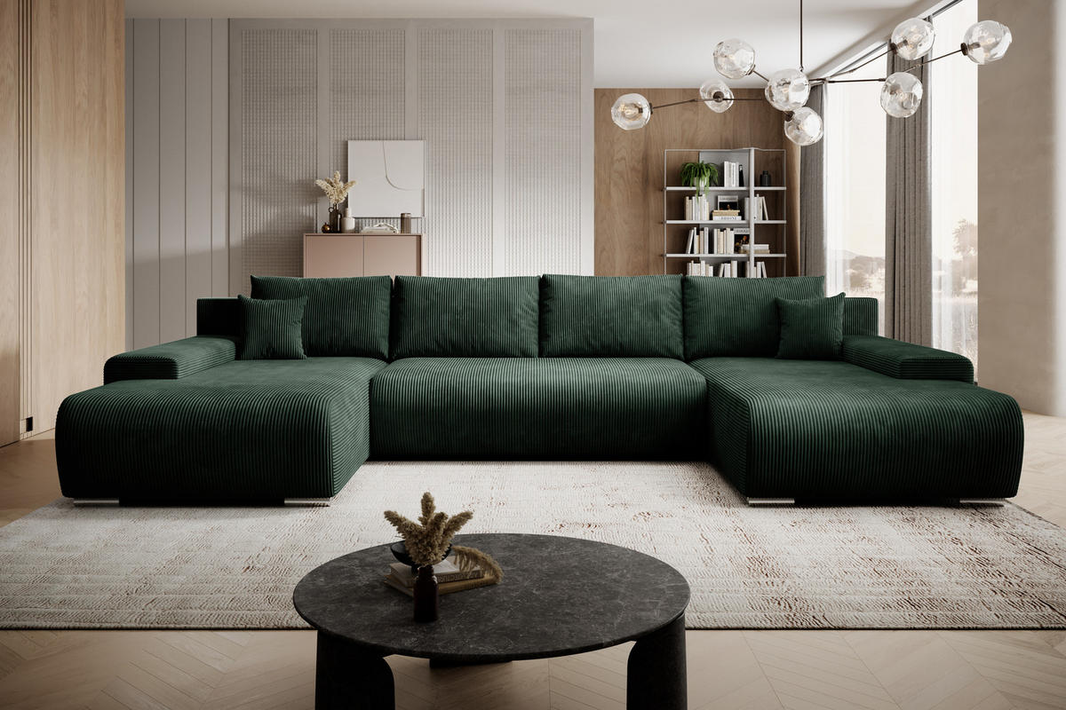 ECKSOFA Credo mit Schlaffunktion und Bettkasten, Couch U-Form, 348x81x185 cm, Grün - Grün, Holz (348/170cm) - PROMETO Möbel