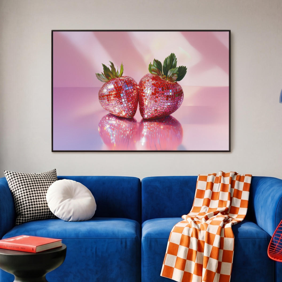 LEINWAND Bilder mit Rahmen - Disco - Obst - Glitzer - Erdbeere - 90x60 - Pink, Textil (90/60cm) - MuchoWow