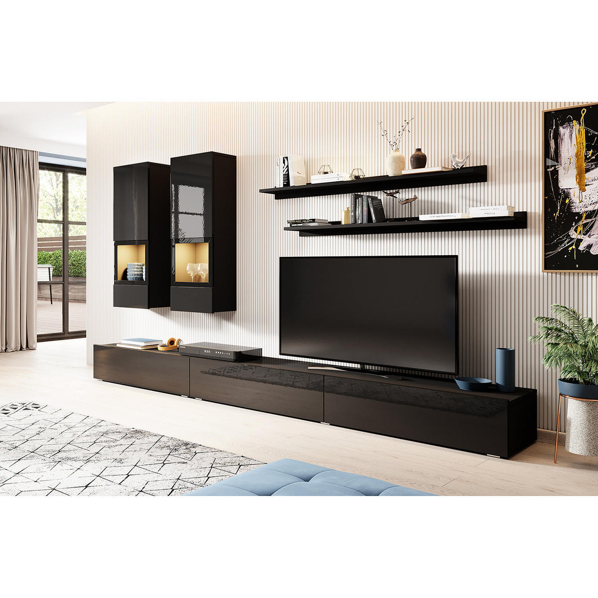 WOHNWAND - 6-teilig - Hochglanz Schwarz / Matt Schwarz - Silberfarben/Schwarz, Holzwerkstoff/Metall (270/150/41cm) - home24