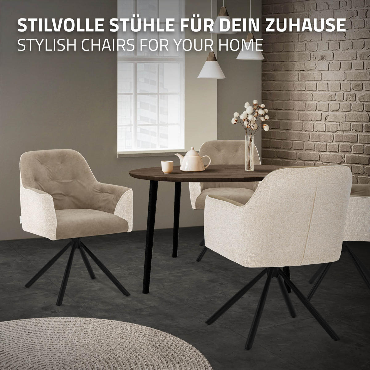 ESSZIMMERSTÜHLE 2er Set drehbar Küchenstühle gepolstert aus Webstoff-Kunstleder Beige - Beige/Schwarz, Textil/Metall (62/87/65cm) - ML-DESIGN