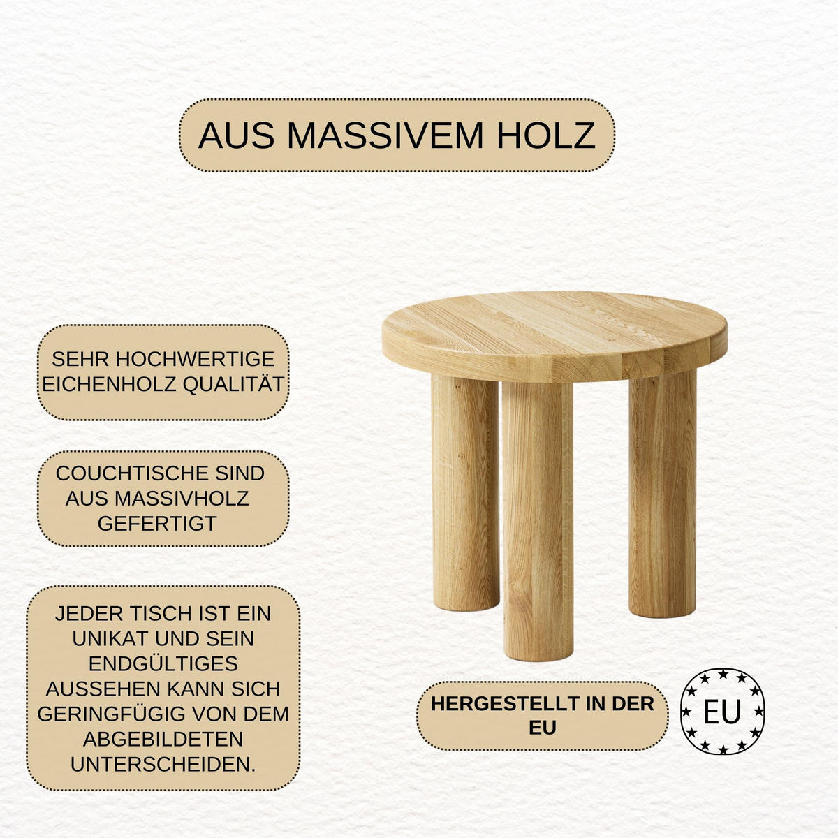 COUCHTISCH Eichenholz vollmassiv rund Naturbelassenen 60/60/45 - Naturfarben, Holz (60/60/45cm)