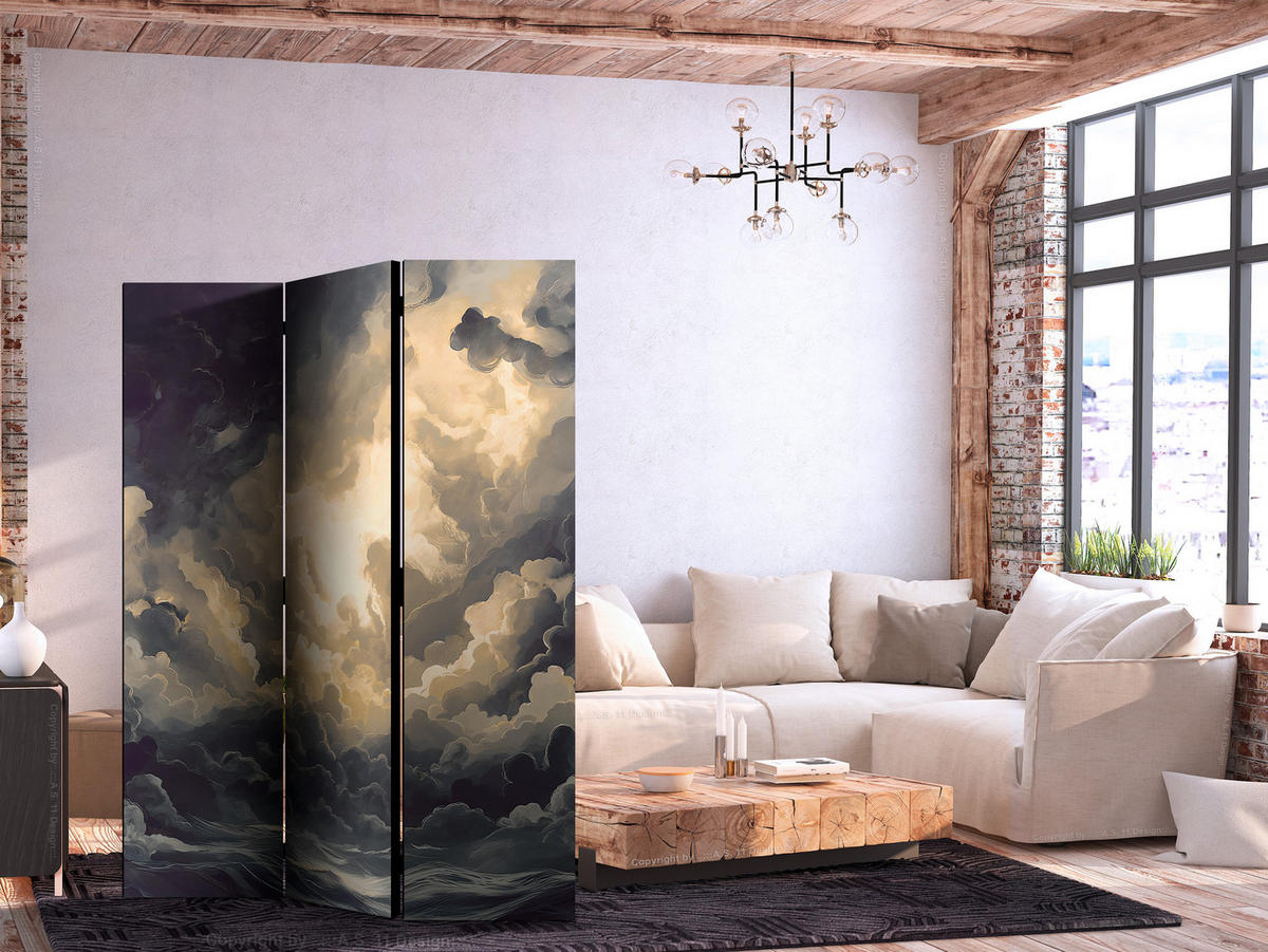 PARAVENT Akustik 3-tlg 135x172 cm Wolkenhimmel mit 3D Effekt - Multicolor, Holz/Textil (135/172/3cm) - Muralo