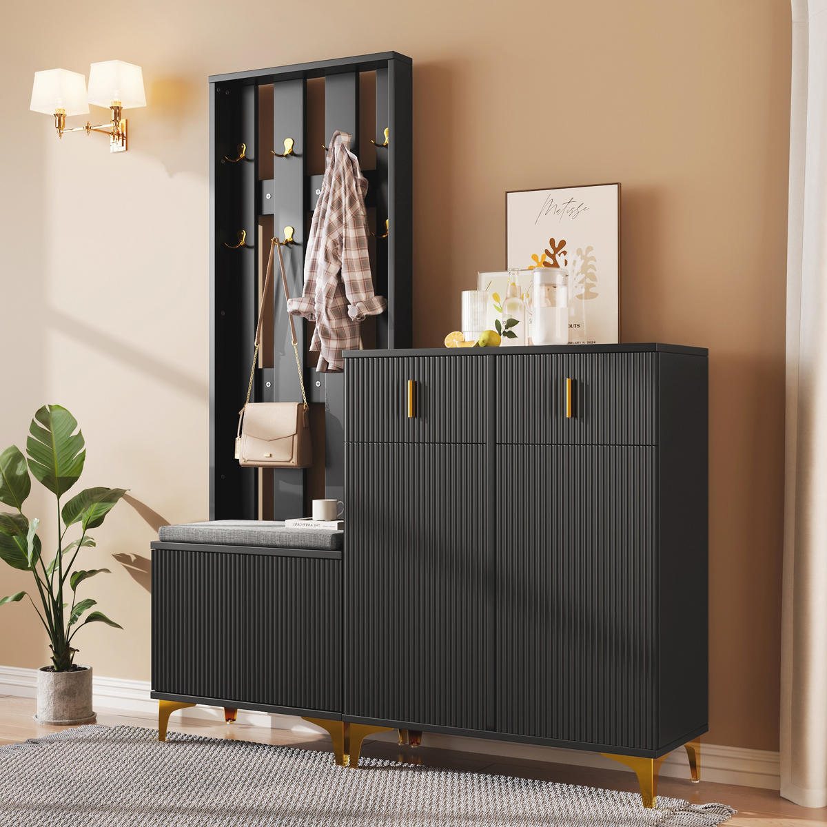 IN Schwarz Kleiderschrank-Set mit Schuhbank und Kissen, Schubladen und Türen, B60.5/T35.2/H180.5cm und B83/T35/H101cm - Goldfarben/Schwarz, Holzwerkstoff/Metall (60.5/180.5/35.2cm) - STILVORA