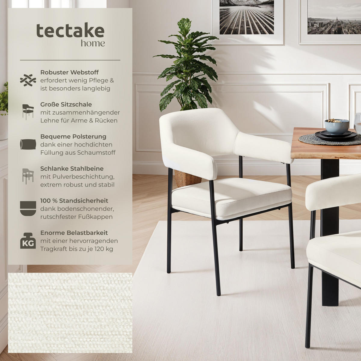 ARMLEHNSTUHL 6er Set Doé 58 x 62 x 85 cm Webstoff off-white/schwarz - Schwarz/Weiß, Textil (58/85/62cm) - tectake