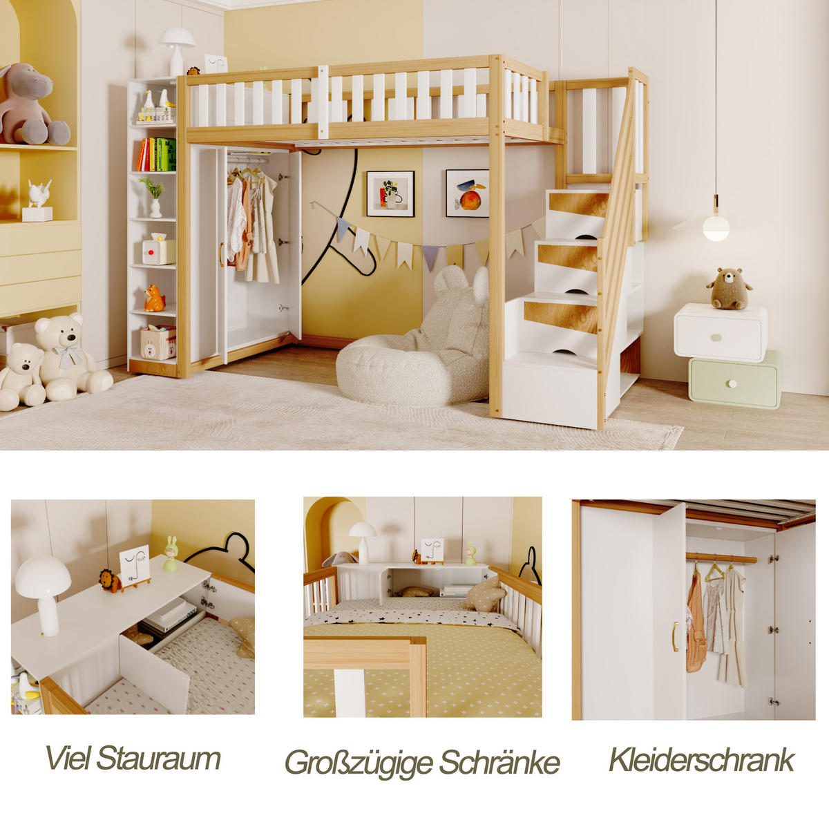 HOCHBETT 90/200 cm Weiß Naturholz mit Kleiderschrank Regalen und Stauraumleiter - Weiß, Holzwerkstoff (90/200cm) - OKWISH