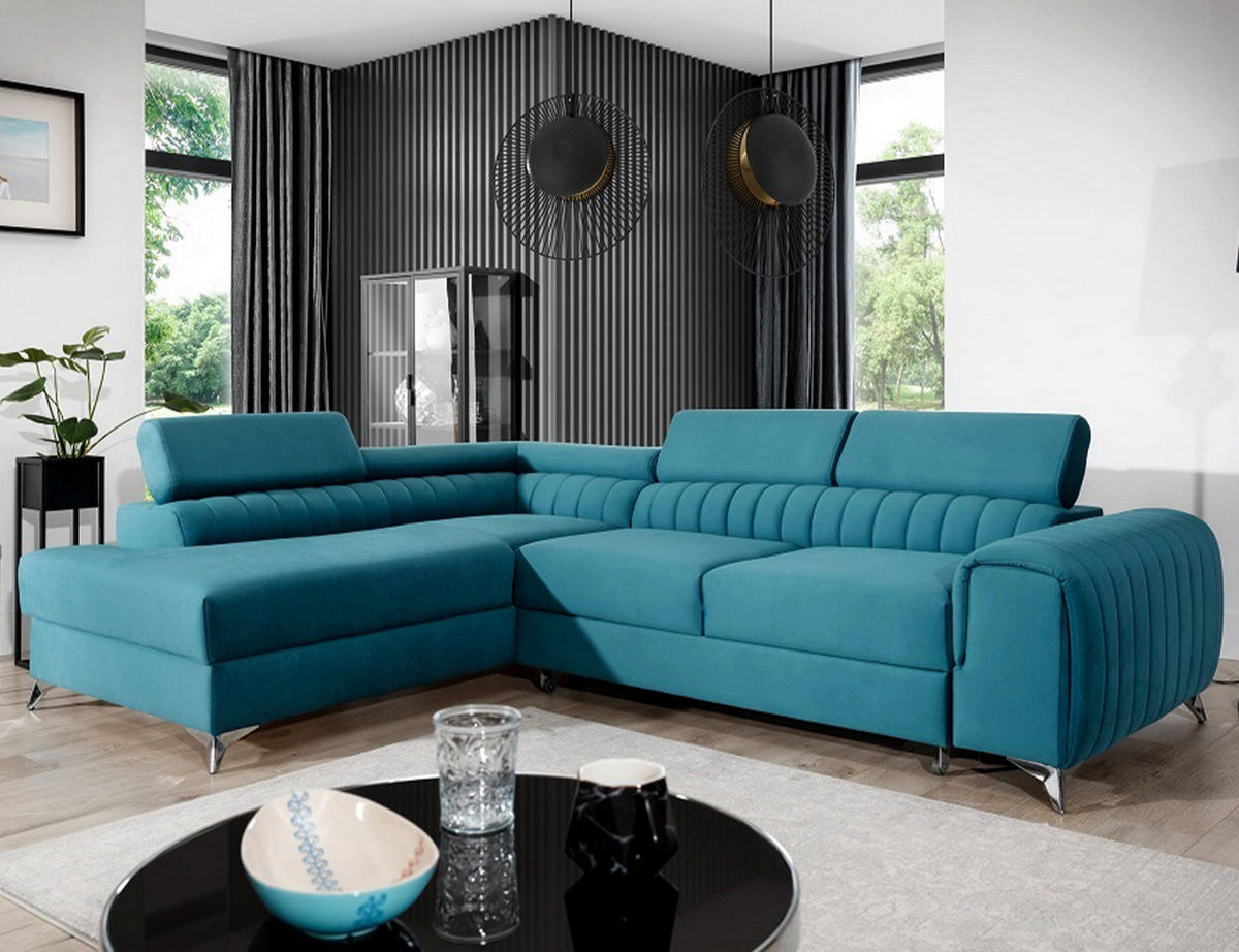 ECKSOFA Laurence mit Schlaffunktion & Bettkasten – 278 x 205 cm, verstellbare Kopfstützen - Blau, Kunststoff (278/205cm) - Wohnideebilder
