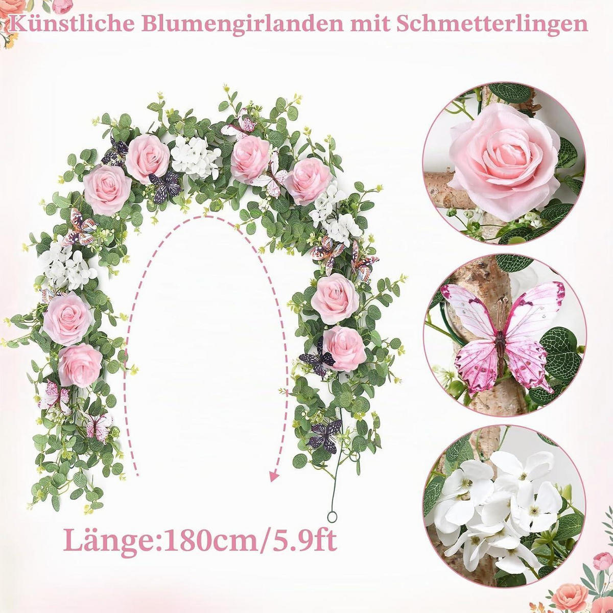 KÜNSTLICHE Blumengirlande 2er Set 1,8 m Rosa Eukalyptus mit Schmetterlingen - Multicolor, Textil (5cm)