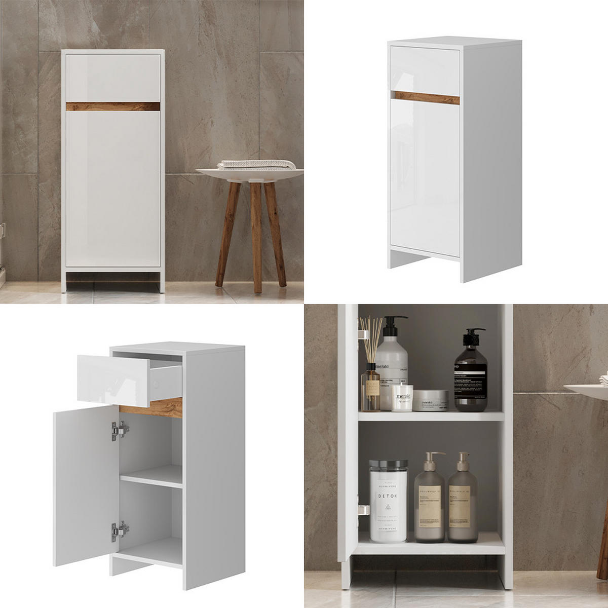 MIDISCHRANK Detmold Weiß Hochglanz/Eiche 35x82 cm mit Tür und Schublade - Honigeiche/Weiß Hochglanz, Holzwerkstoff (35/82/35cm) - Vicco