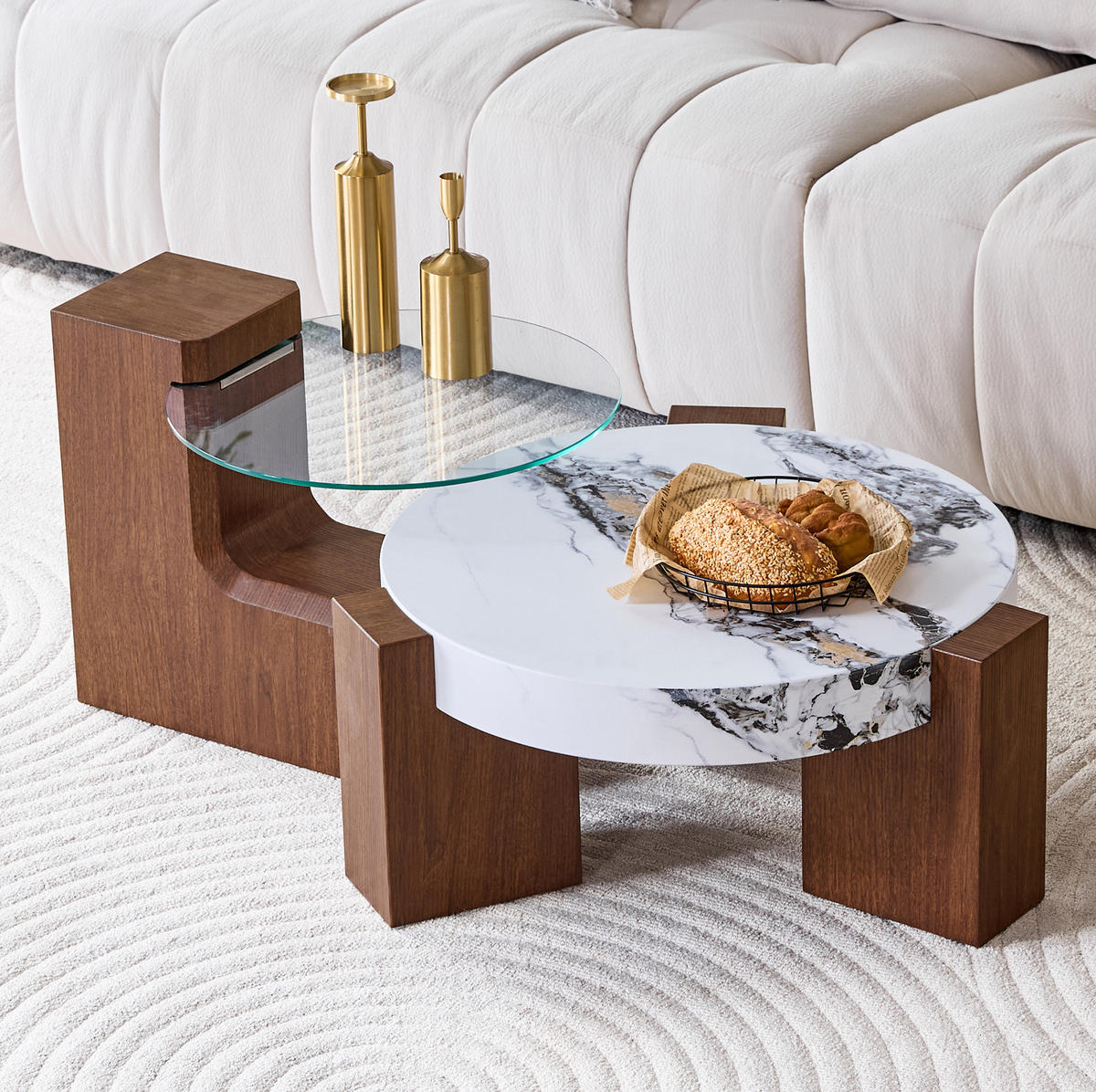 COUCHTISCH-SET 61/61/30 cm trennbar mit Sicherheitsglas und 2 Ebenen, Walnuss/Weiß - Nussbaumfarben, Holzwerkstoff (61/61/30cm) - Redom