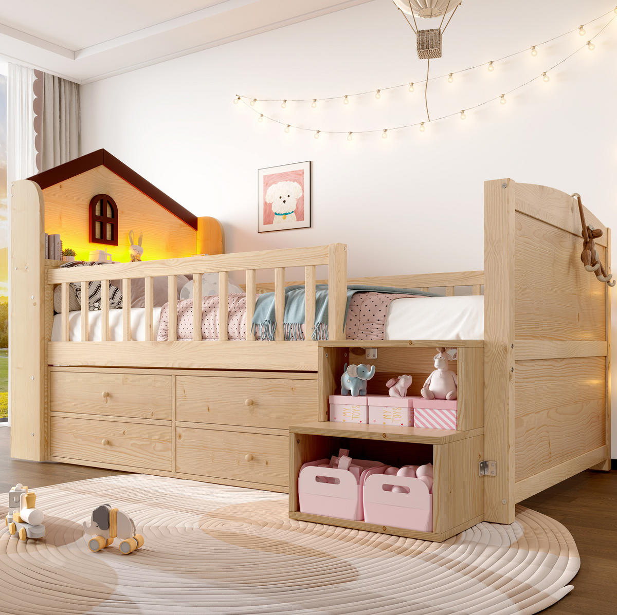 HALBHOHES Kinderbett aus Kiefernholz 90x200 cm Natur mit 4 Schubladen, Stauraumleiter und LED-Beleuchtung - Naturfarben, Holz (90/200cm) - IVMEU