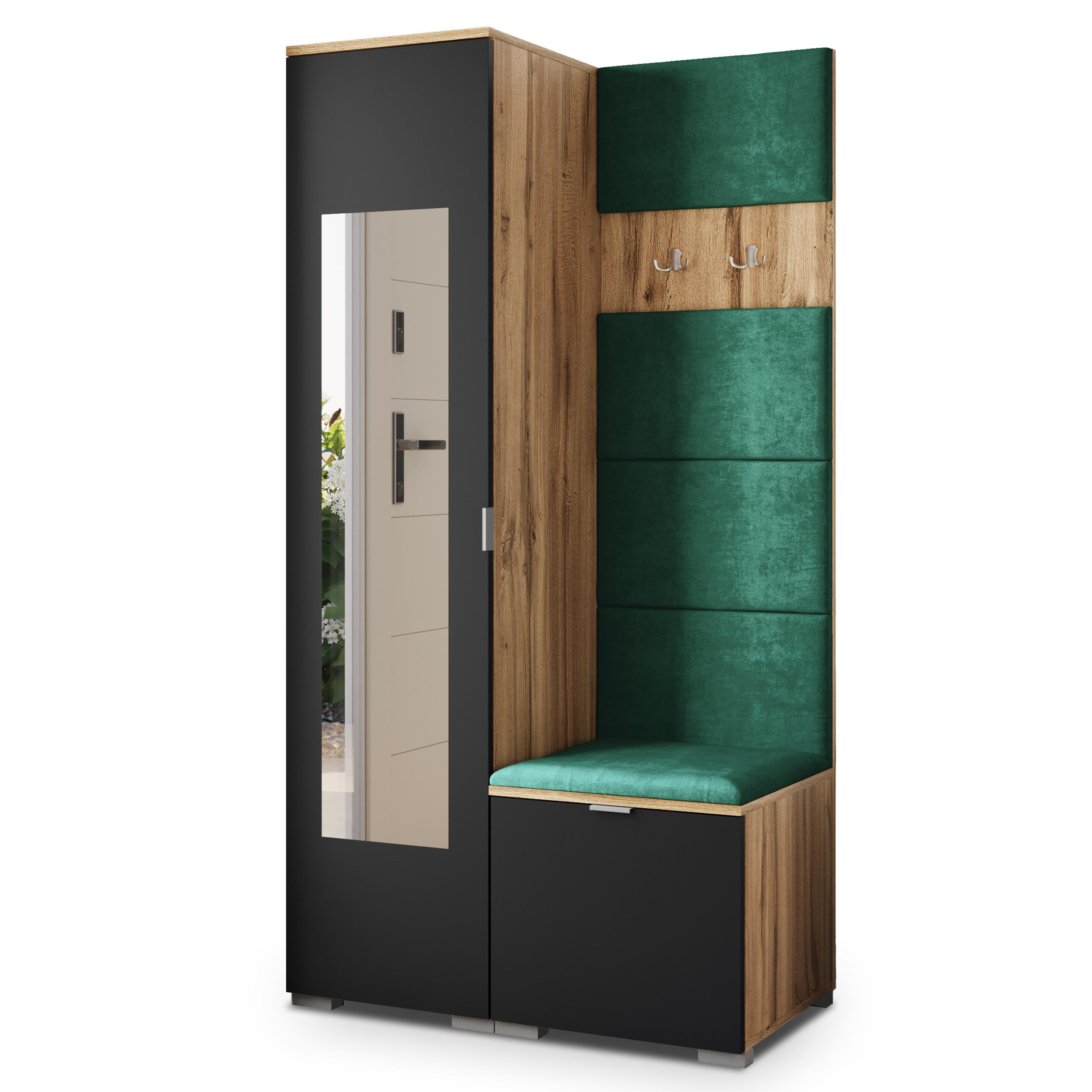 Masseno Garderobenschrank Eiche Wotan, Schwarz, Grün 95x181x51 cm