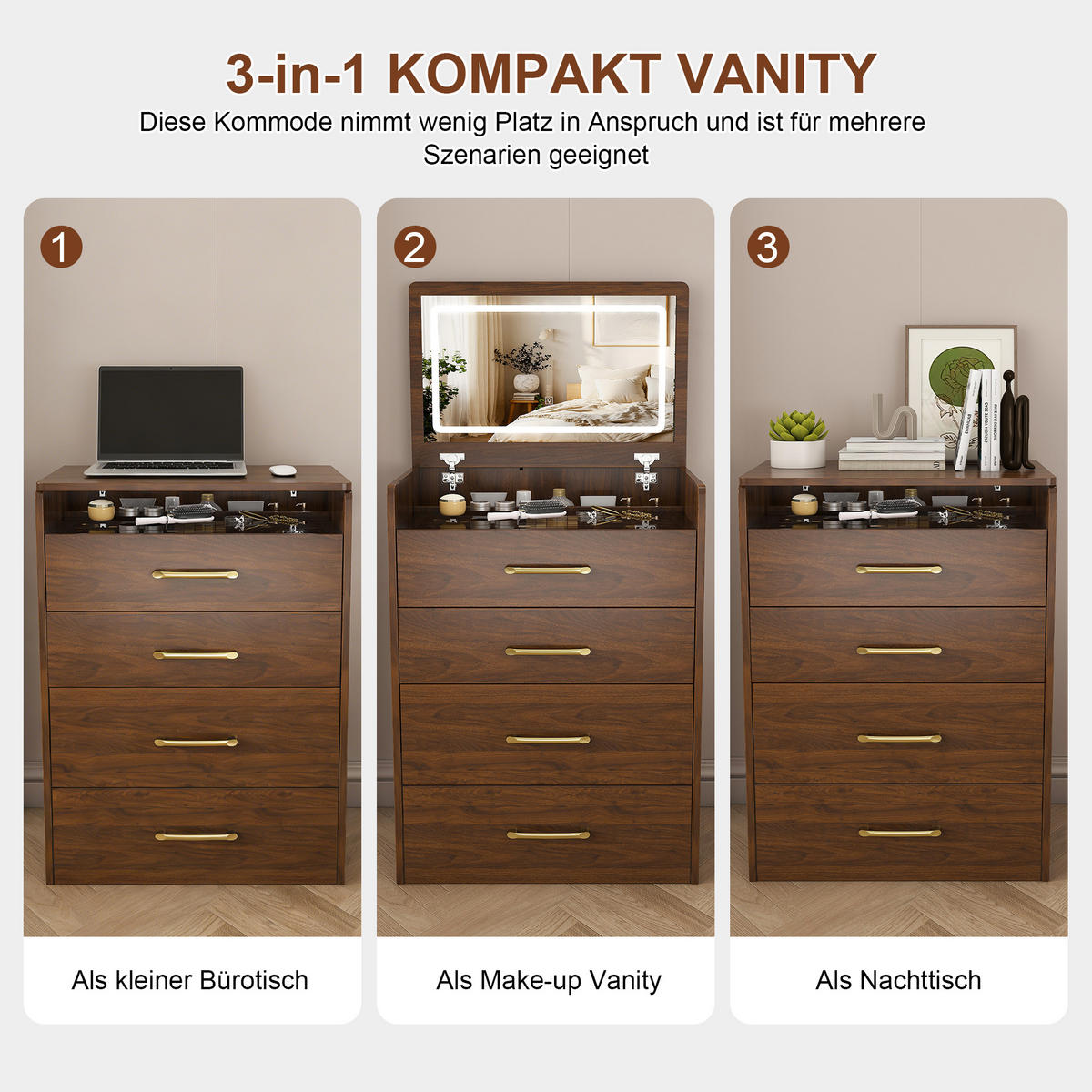 SCHMINKTISCH 40/60/118 cm walnussfarben aus MDF 3-in-1 mit Hocker - Weiß, Holzwerkstoff (40/118/60cm) - OKWISH