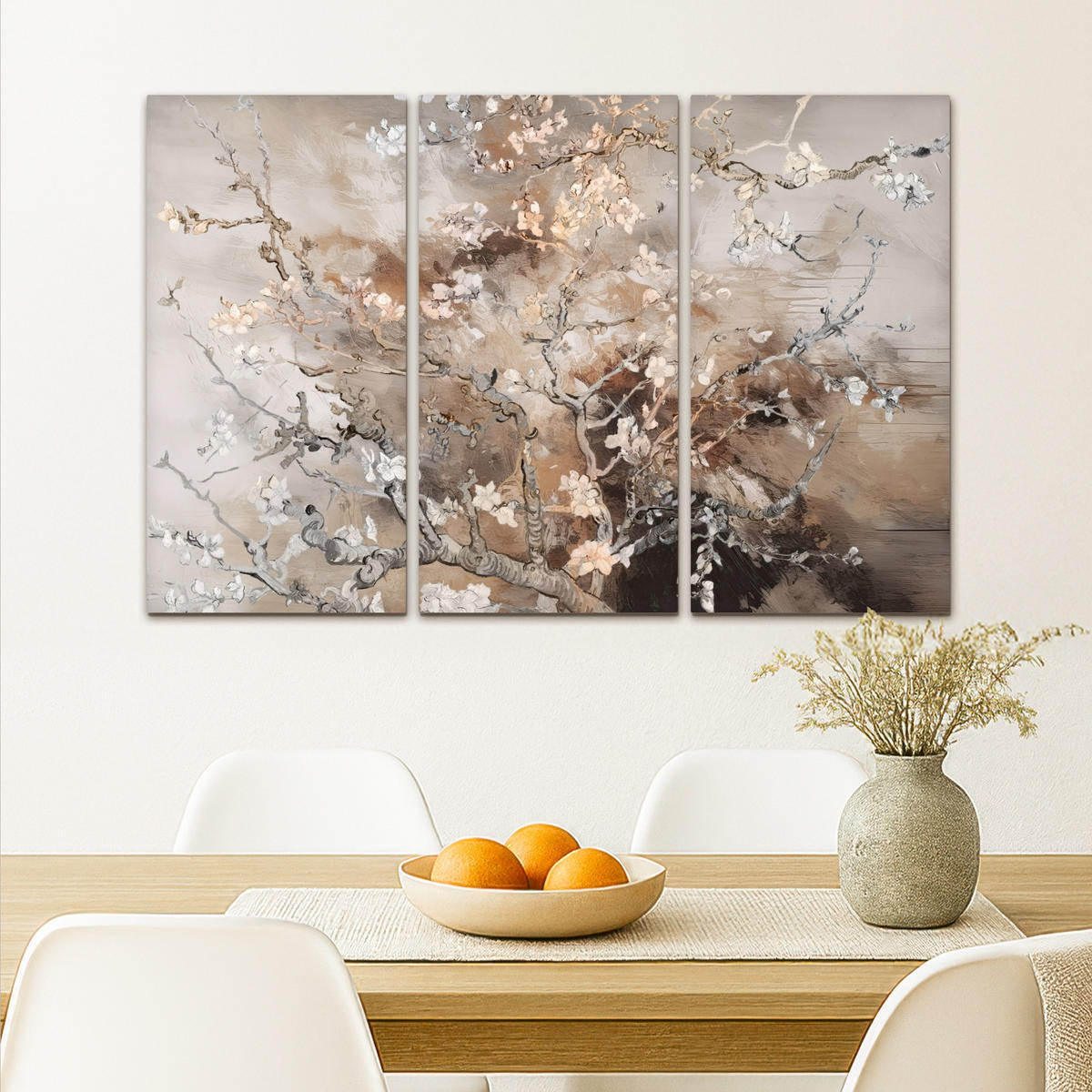 LEINWANDBILD 3er Set Mandelblüte - Abstrakt - Beige 90x60 cm - Beige, Textil (90/60cm) - MuchoWow