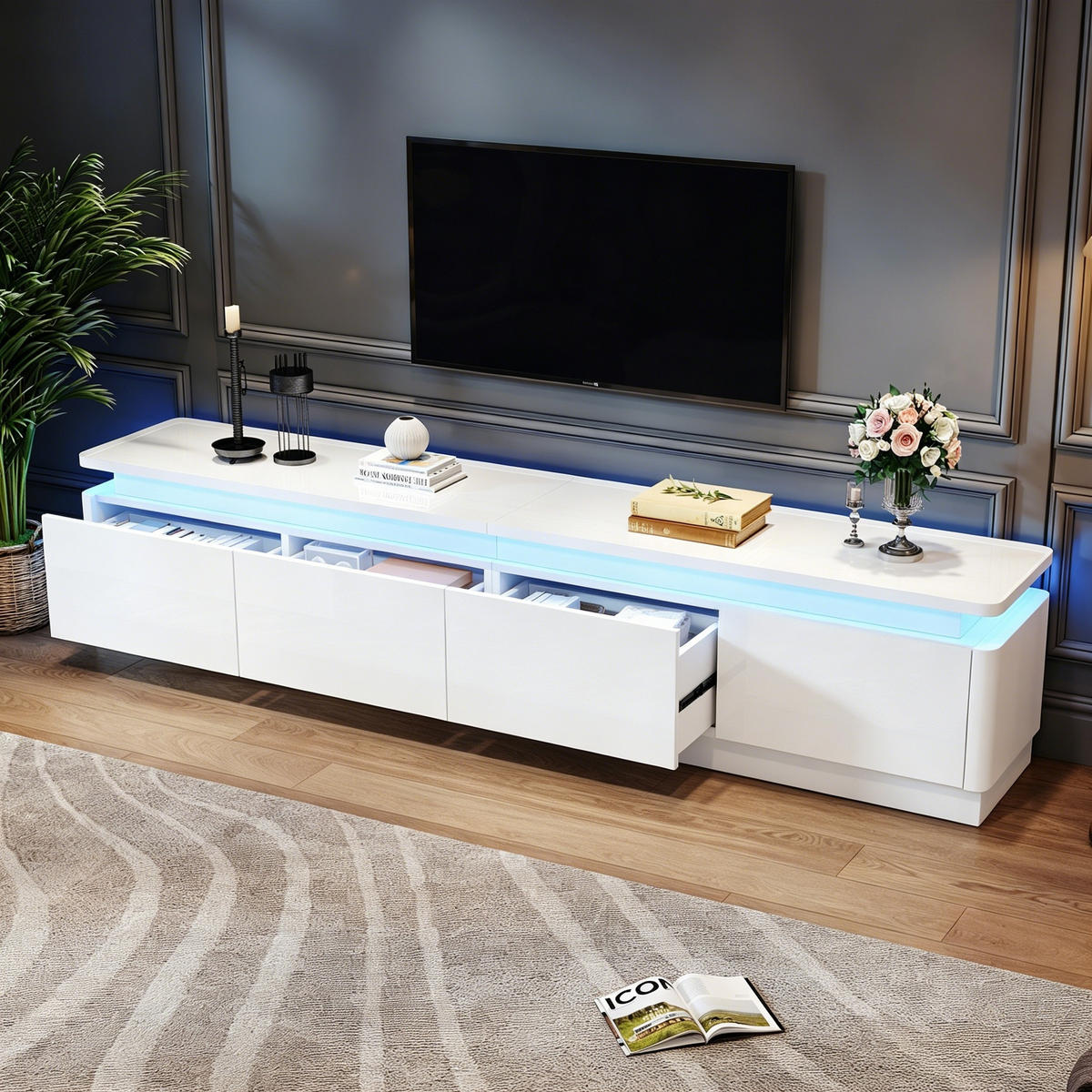 TV-ELEMENT180X34X40CM Weiß Hochglanz mit LED-Beleuchtung für 75-Zoll-Fernseher - Weiß, Holz (41.91/19.81/101.6cm) - Raelunyi