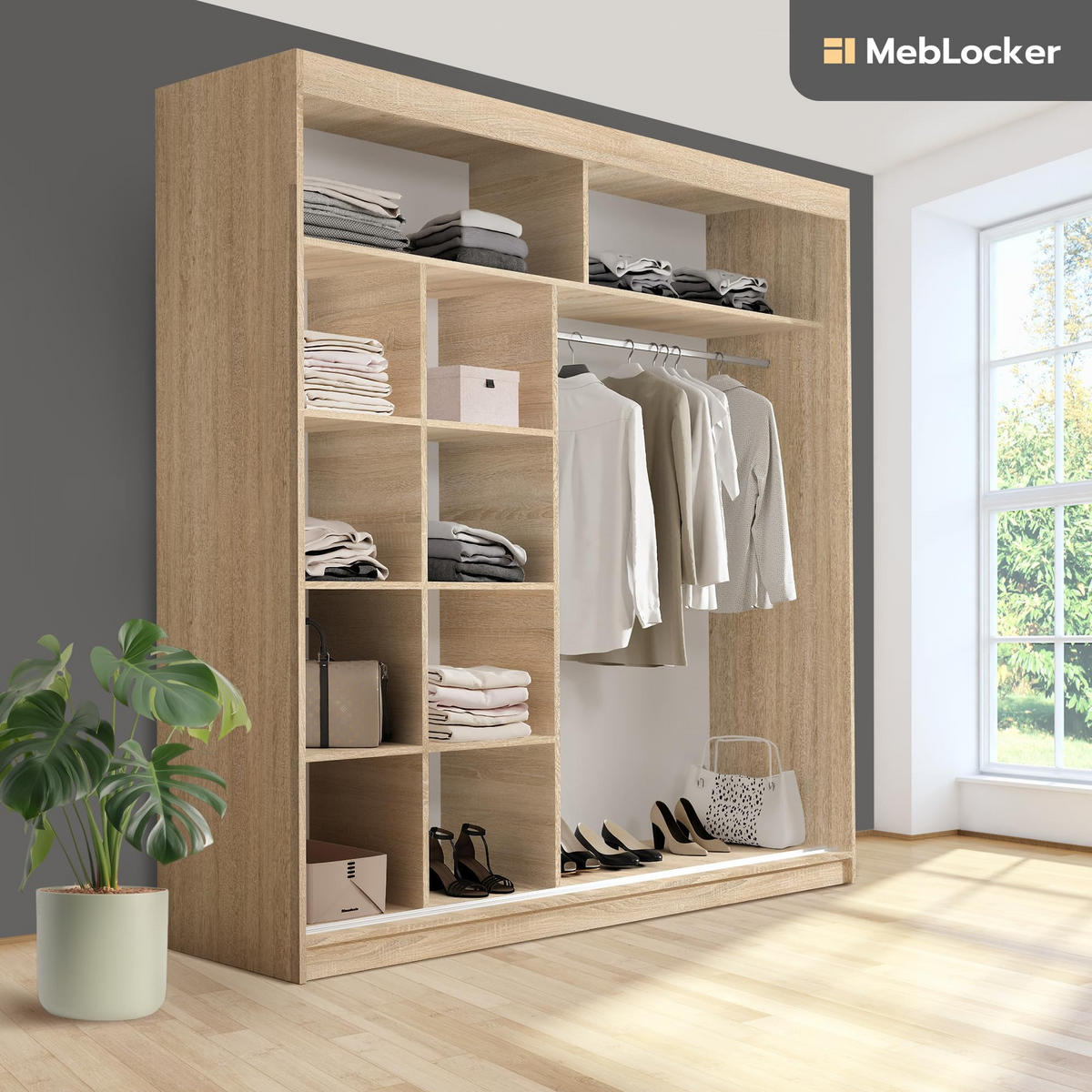 SCHIEBETÜRENSCHRANK mit Spiegel - Sonoma Eiche, Holzwerkstoff (215.5/180/59cm) - MebLocker