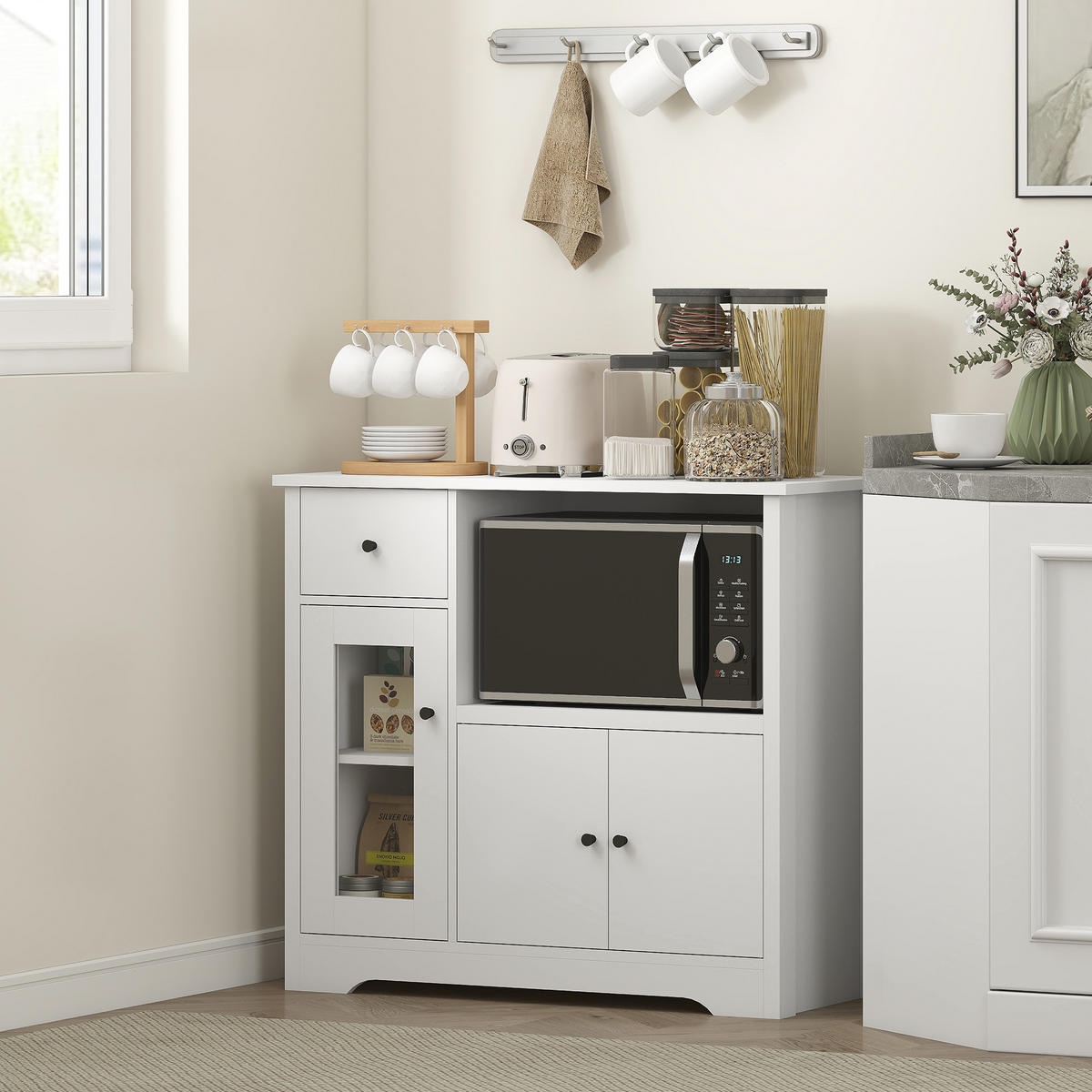 KÜCHENSCHRANK Sideboard mit Mikrowellenregal, 3 Türen, Schublade, Weiß - Weiß, Holzwerkstoff (35/72.2/80cm) - HOMCOM