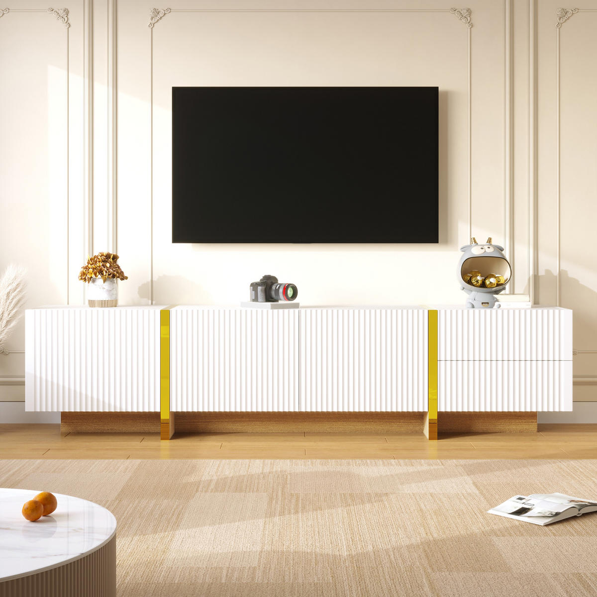 TV-RACK 190cm WeißGold Holzmaserung Mit 3 Türen Und 2 Schubladen - Weiß, Holz (44.48/17.48/103.48cm) - Raelunyi