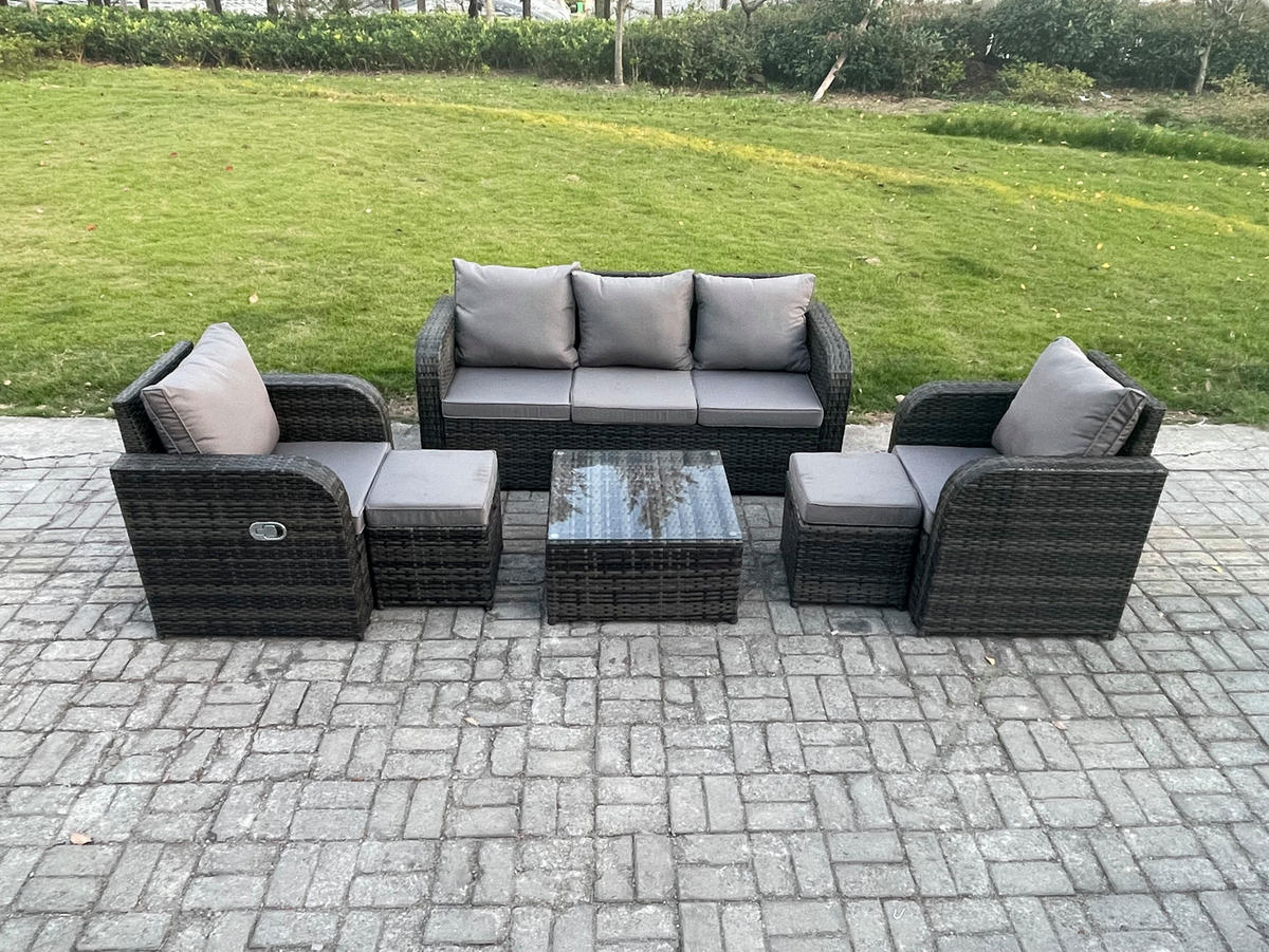 GARTENMÖBELGARNITUR mit KISSEN Polyrattan Dunkelgrau 7-Sitzer - Dunkelgrau/Grau, Glas/Kunststoff - Fimous