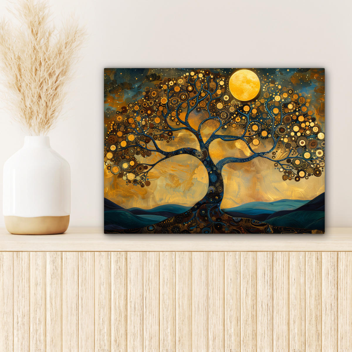 LEINWANDBILD Baum - Mond - Blumen - Gold - Kunst Wandbild 40x30 cm - Orange, Textil (40/30cm) - MuchoWow