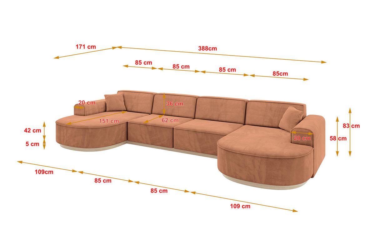 WOHNLANDSCHAFT MARI-U2-v1 - 388x171x83 cm Orange Velours - Orange, Holzwerkstoff/Textil (388/83/171cm) - ALTDECOR