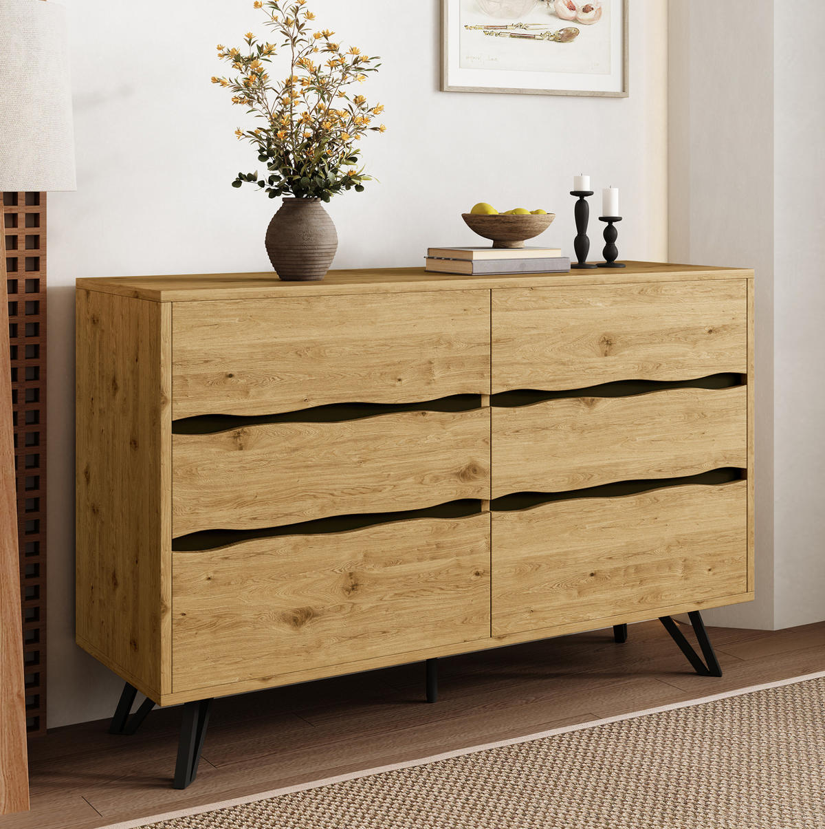 SIDEBOARD 120/40/75,5 cm in Holzoptik mit 6 Schubladen und Metallfüßen - Naturfarben, Holzwerkstoff (120/75.5/40cm) - Flora Grace