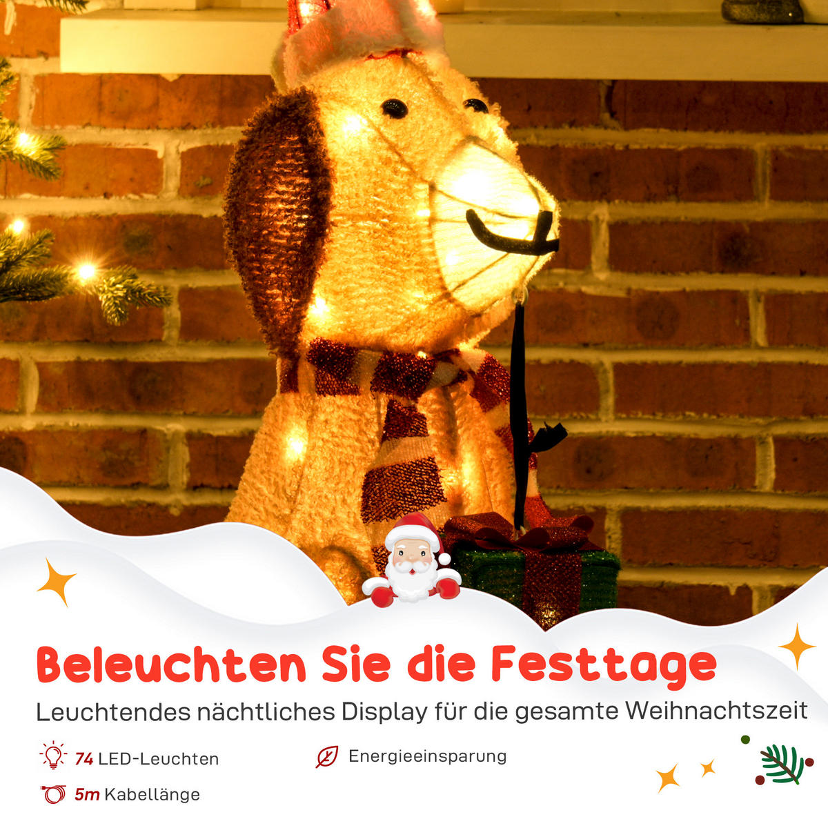 WEIHNACHTSDEKORATION Beleuchteter Weihnachtswelpe mit 74 warmweißen LED-Lichtern - Gelb, Textil (20/70/64cm) - Outsunny