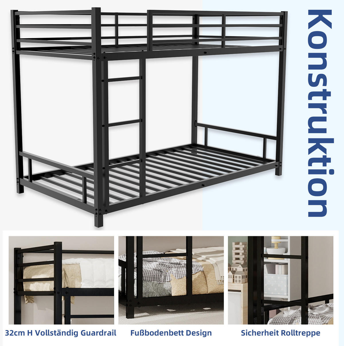 ETAGENBETT 197/98/136 cm aus Metall mit integrierter Leiter Schwarz - Schwarz, Metall (90/190cm) - Modenvie