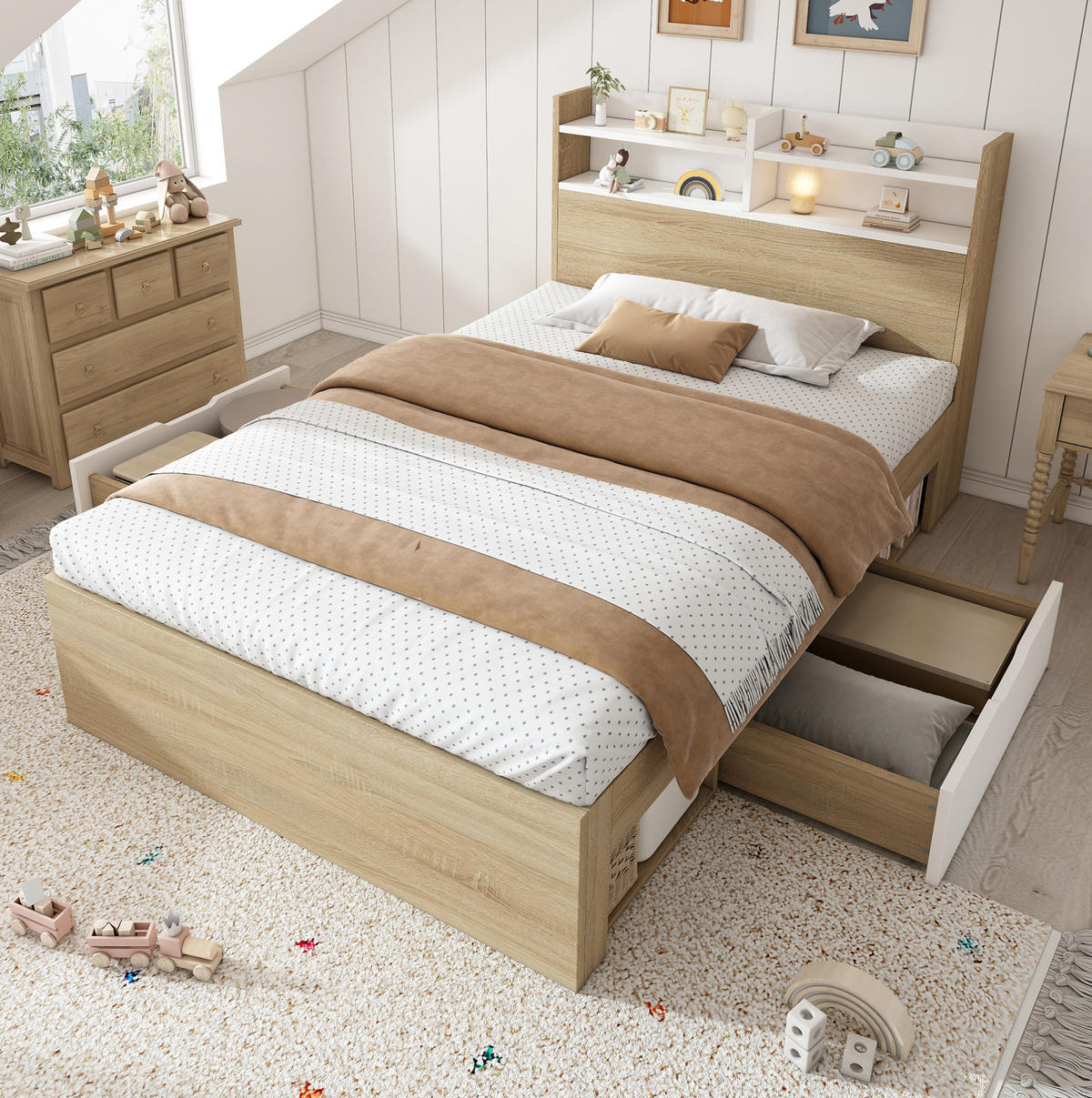 HOLZBETT 90/190 cm mit Kopfteil und 2 Schubladen – inkl. Lattenrost - Weiß, Holzwerkstoff (90/190cm) - BEAOK