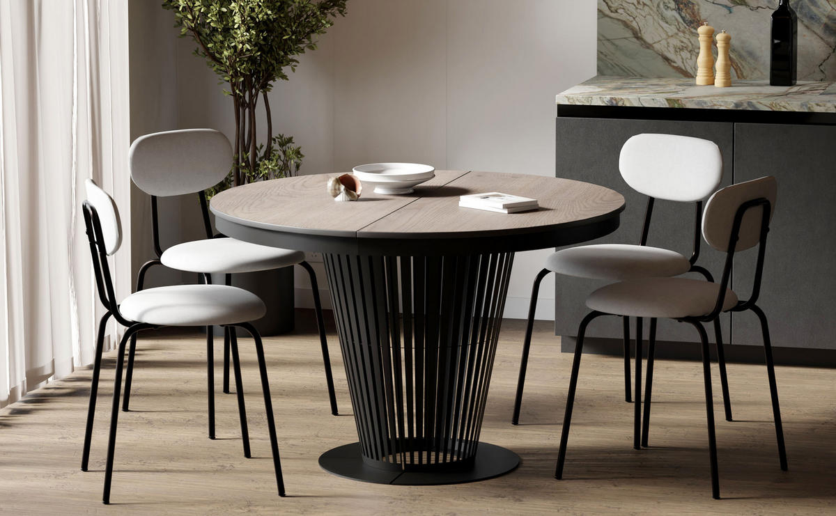 ESSTISCH Novera rund ausziehbar mit Schwarzem Lamellen-Metallgestell, Braun 120-200/120/76 cm - Eichefarben/Schwarz, Holzwerkstoff/Metall (120/120/76cm) - WFL GROUP