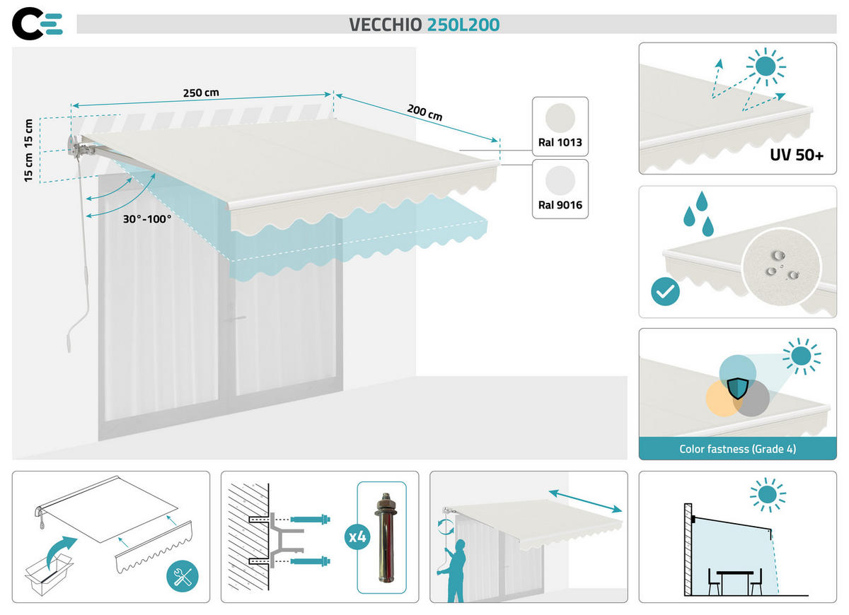 MONOBLOCK-MARKISE VECCHIO Weißes Gestell - leinwand Beige 2,5x2m - Premium-Leinwand 320g/m² - Beige, Metall (304/218/200cm) - Cazeboo