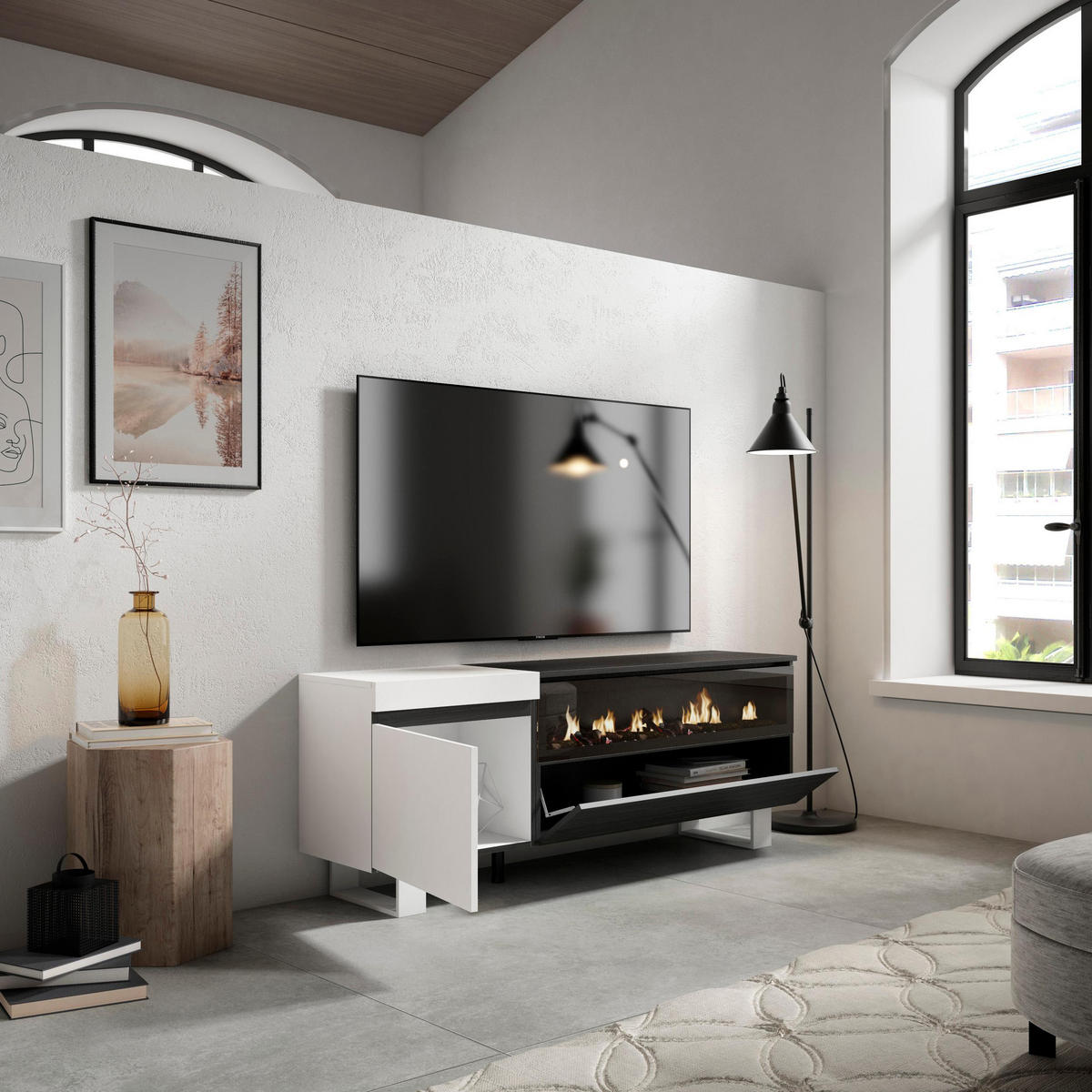 TV-SCHRANK weiß, schwarz, mit Elektrokamin, 150/35/57cm - Schwarz/Weiß, Holzwerkstoff (150/57/35cm) - Skraut Home