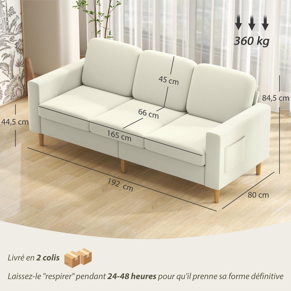SOFA, 3-Sitzer, Cord, Federkernkissen, gepolstert, beige, 192x80x84,5cm - Multicolor, Holzwerkstoff (192/84.5/80cm) - FORIOUS