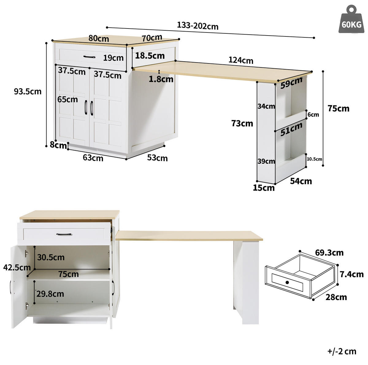 BARTISCH ausziehbar mit Stauraum 133-202 x 70 x 93,5 cm Weiß - Weiß, Holz (70/93.5/202cm) - Beauniv