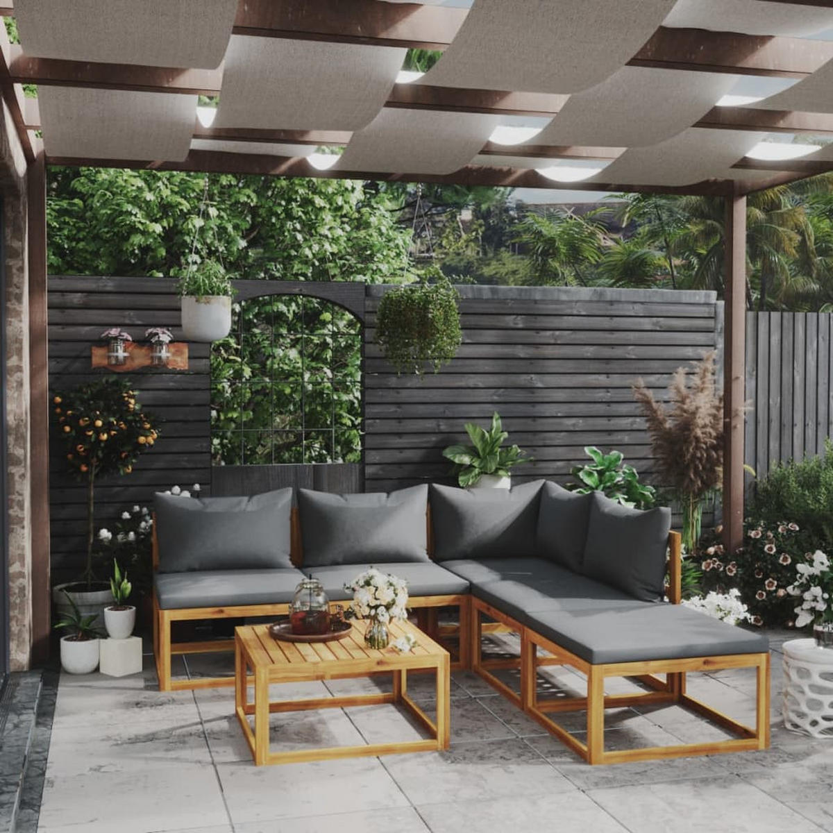 GARTEN-LOUNGE-SET 6Er Set Mit Auflagen Massivholz Akazie - Grau, Holz - vidaXL