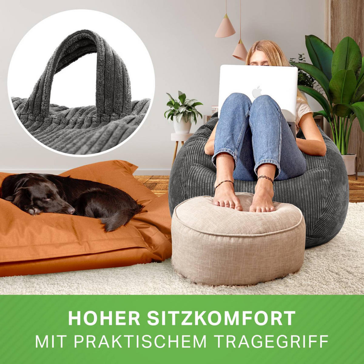 SITZSACK Indoor "Scoop" 90x110cm - Cord - Anthrazit, Textil (90/110/90cm) - Green Bean