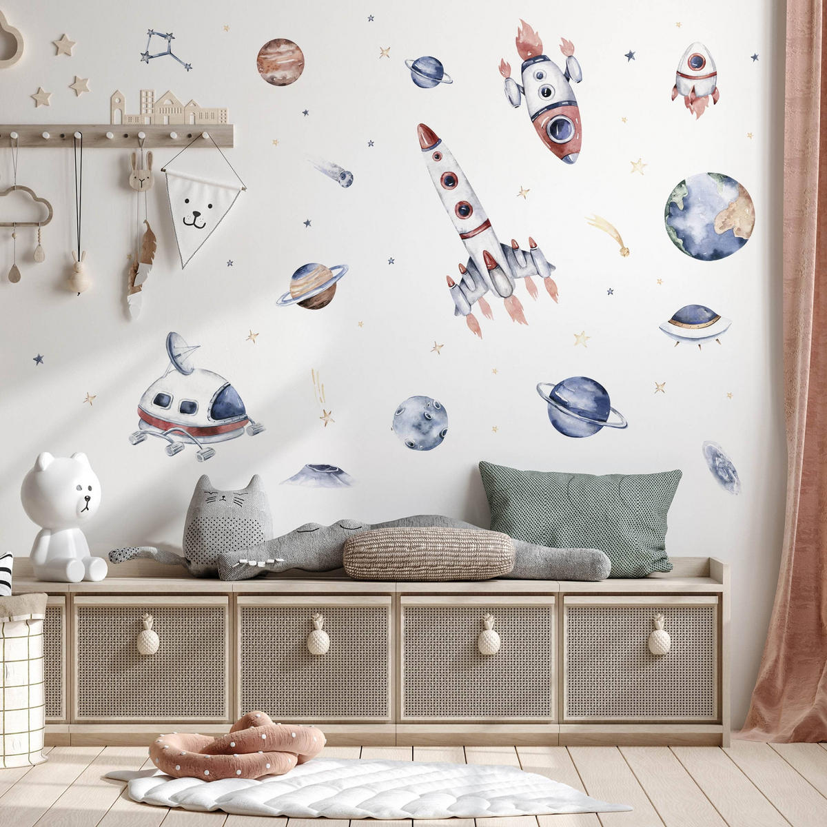 AUFKLEBER SET Weltraumraketen Sternen Planeten 120x60 - Gelb/Beige, Papier (120/60/1cm) - Muralo