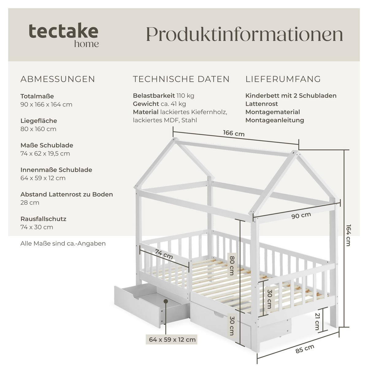 KINDERBETT Hailey, 80 x 160 cm, inklusive Rolllattenrost, weiß - Weiß, Holz - tectake