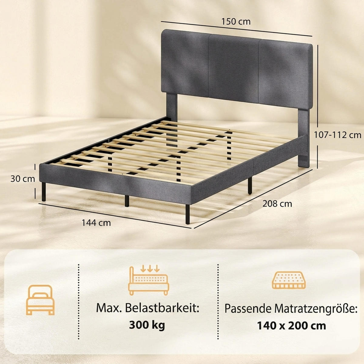 RÁM postele z polyesterové překližky tmavě šedý - tmavě šedá, kov/kompozitní dřevo (140/200cm) - HOMCOM
