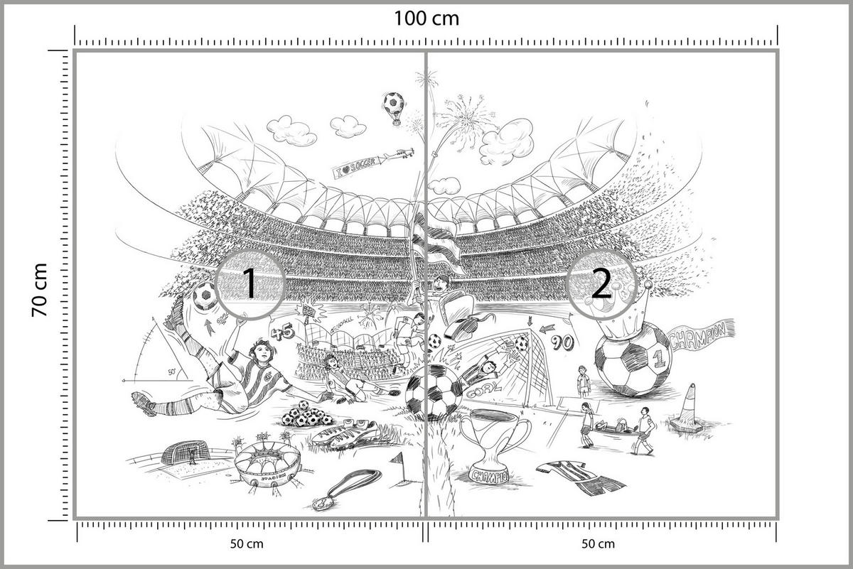 FOTOTAPETA Pre Detskú Izbu Futbalový Štadión Skica Hráč Lopta Pohár Šport 100 x 70 cm - sivá/biela, papier (100/70cm) - Muralo