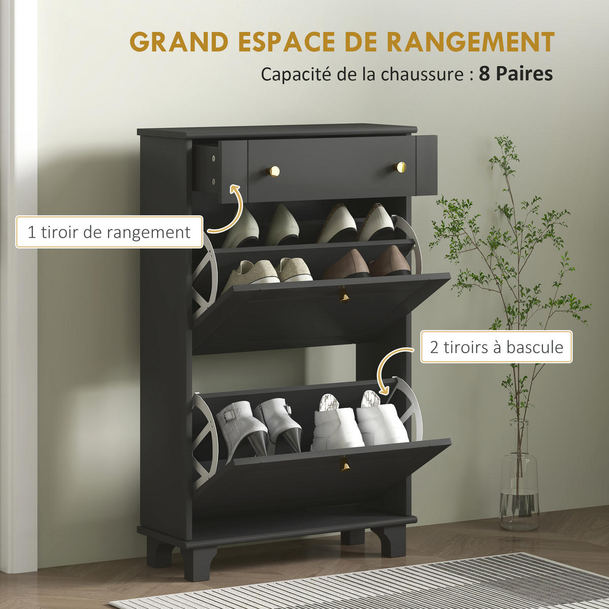 SCHUHSCHRANK Schwarz MDF klappbar mit Fächern platzsparend 1 Stück - Schwarz, Holzwerkstoff (60/98.5/23.5cm) - PANGIVO