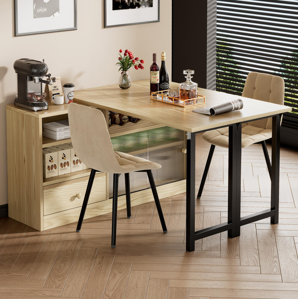 KLAPPBARER Esstisch mit Stauraum, ausziehbarer Tisch und Sideboard in einem, Natur/Schwarz - Naturfarben, Holzwerkstoff (110/120/75cm) - Redom
