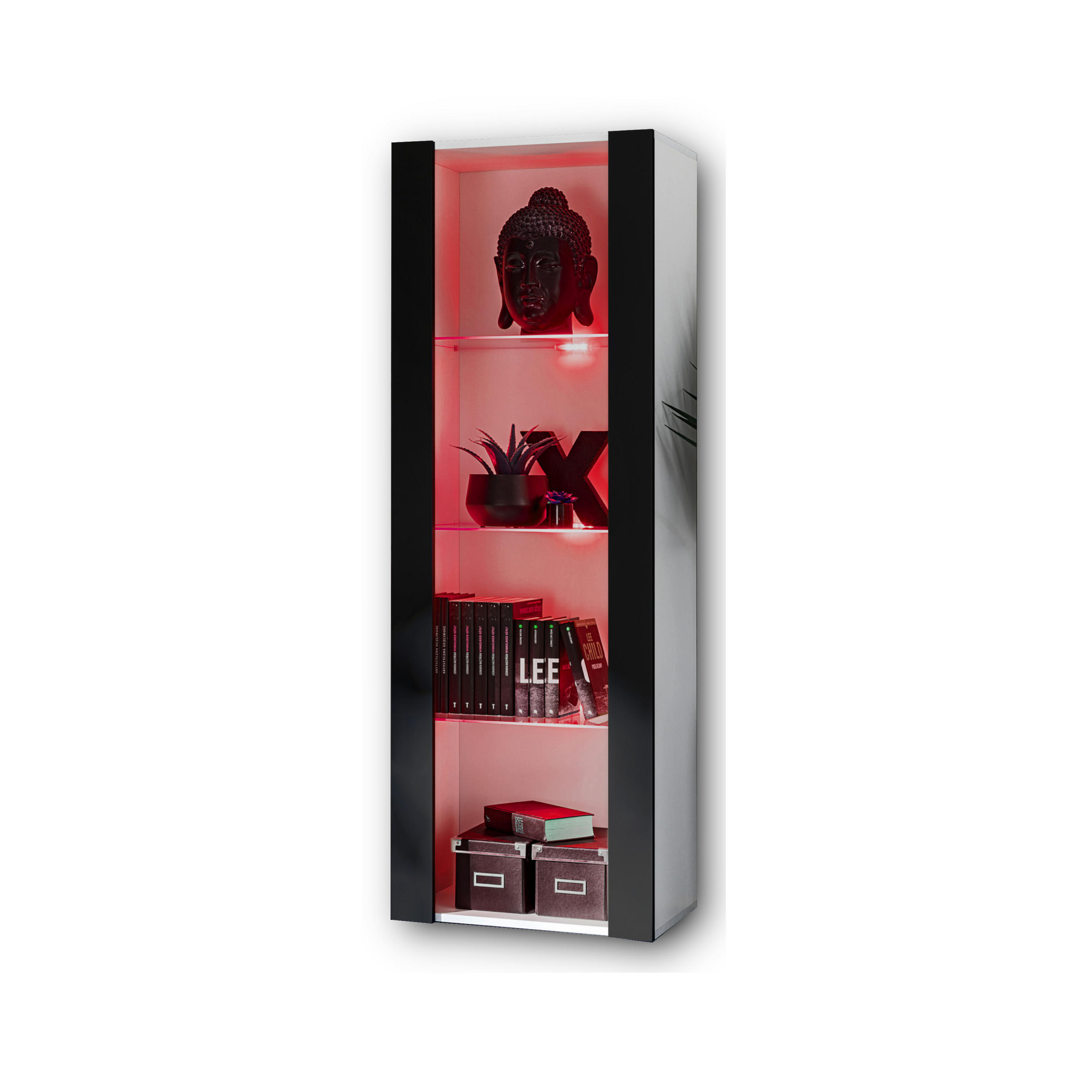 VITRINE TIVOLI, Weiß + Schwarz, LED Mehrfarbige - Schwarz/Weiß, Glas/Holzwerkstoff (55/159/35cm) - Komodee
