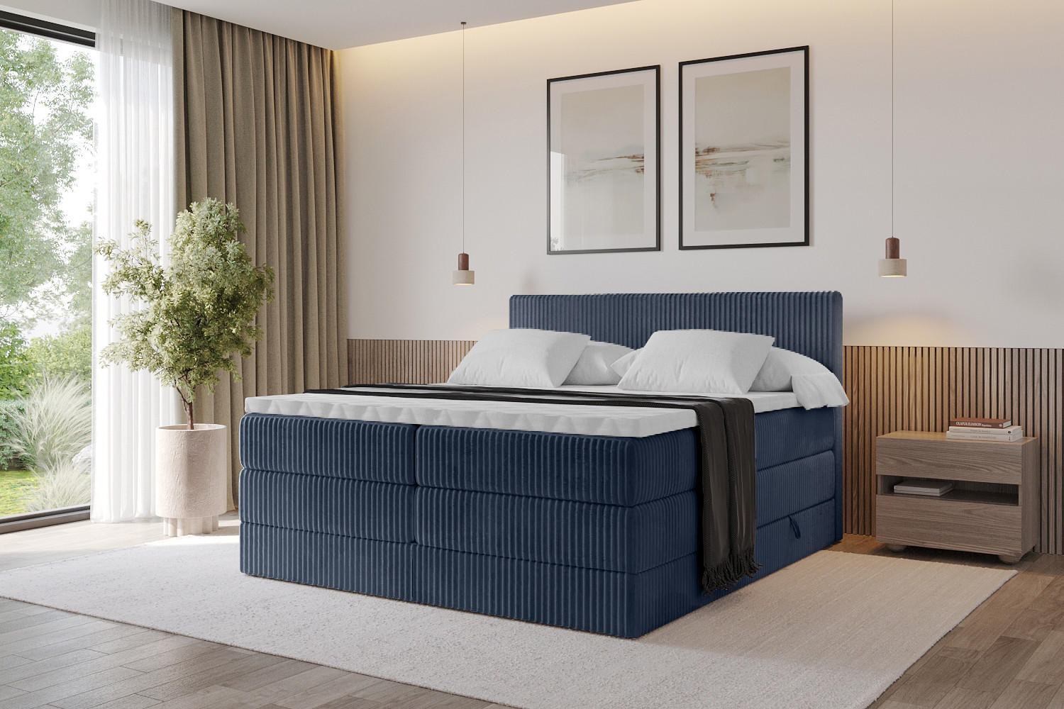 BOXSPRINGBETT mit Matratze H3|H4 und Lattenrost - TOLO KING 200x200 Cord - Dunkelblau - Dunkelblau, Holzwerkstoff (200/200cm) - ALTDECOR